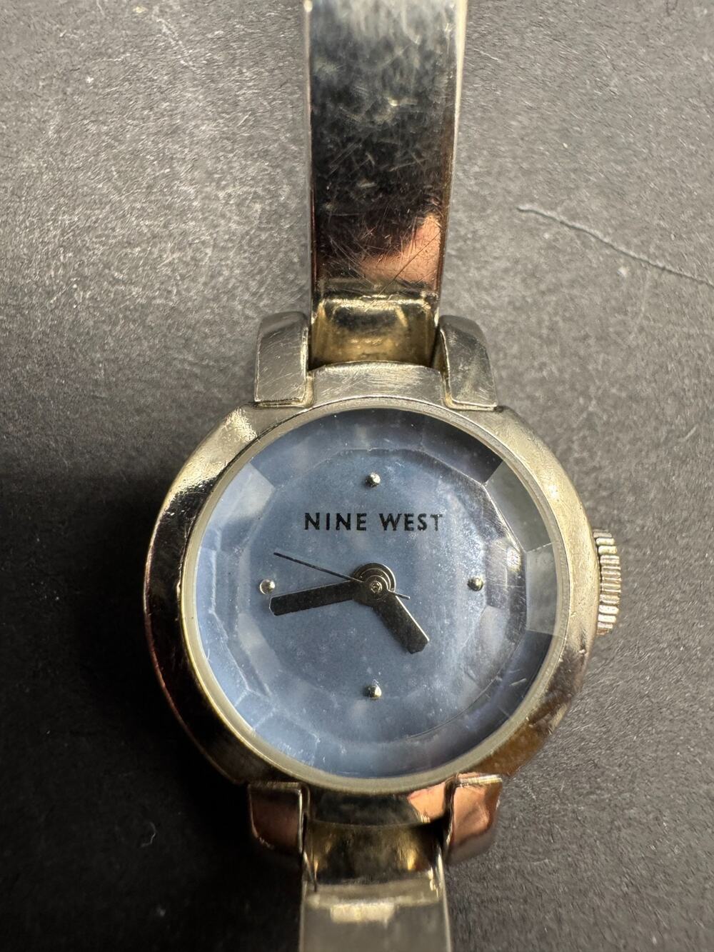 Nine West Women Silver Tone 19mm Quartz Analog Watch Blue Dial Dome Crystal